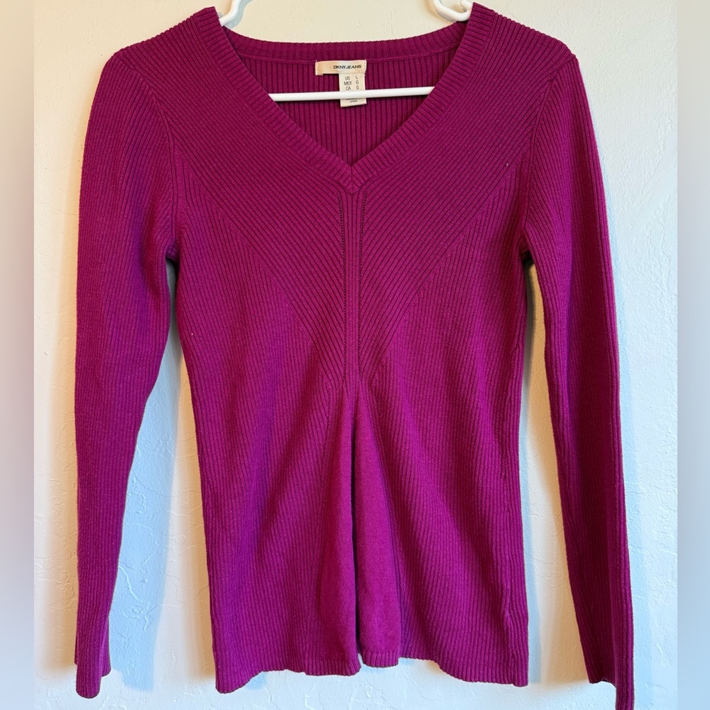 DKNY V-Neck Sweater in Vibrant Magenta